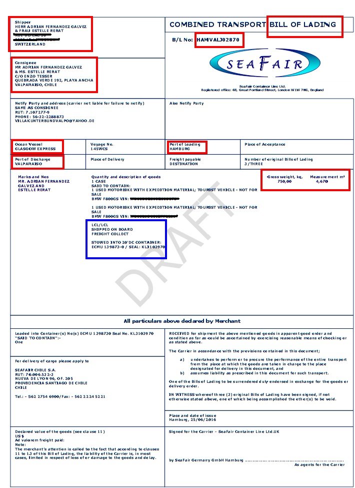 gallery/bill of lading